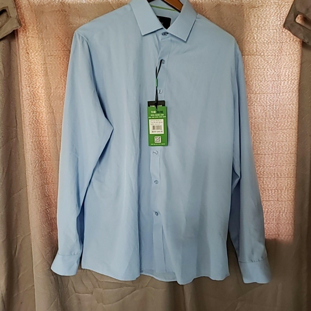 Tom Baine Dress Shirt Mens L 16-16.5 Blue Solid Slim Fit Stretch Wrinkle Free